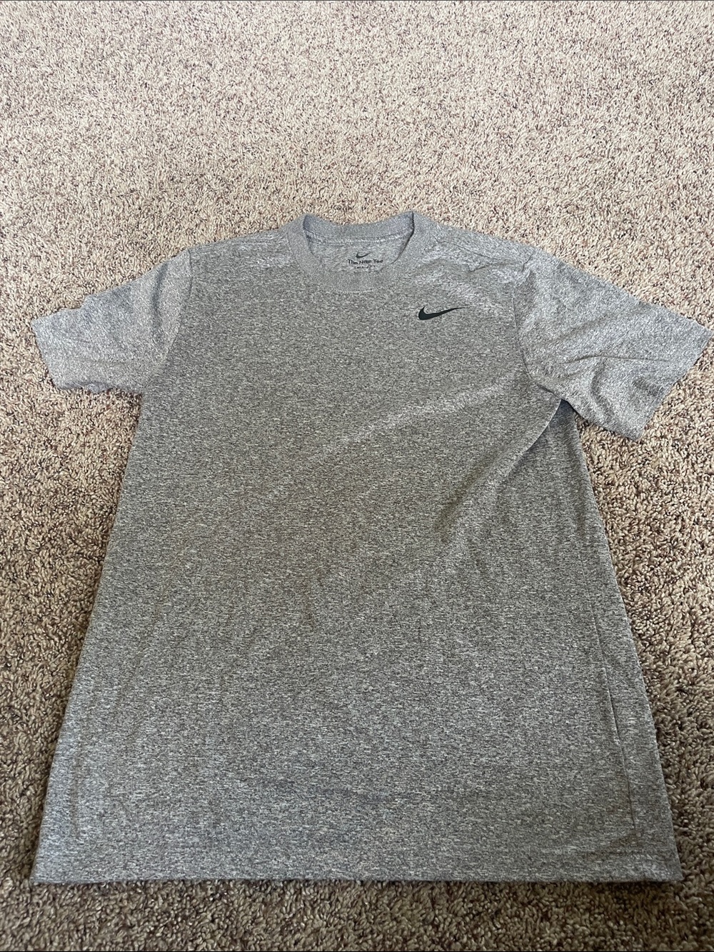 Nike Men’s S. Heather Gray Short Sleeve Dri-FIT Tee with Black Swoosh